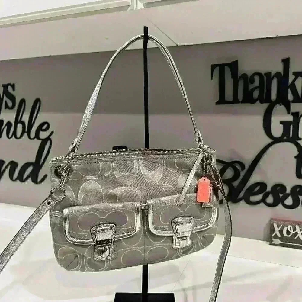 COACH POPPY HIPPIE Metallic SILVER GRAY Signature Crossbody Shoulder Purse